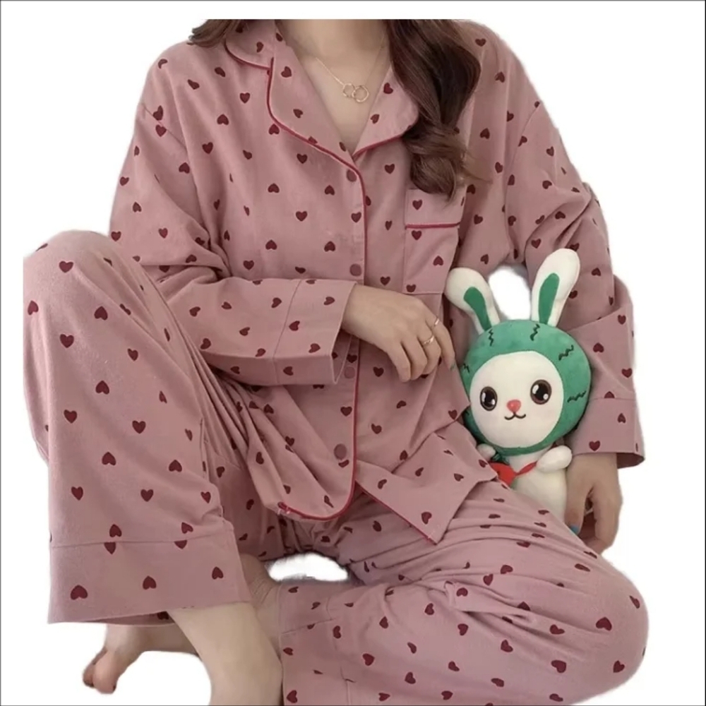 Heart Print Pink Pajama Set